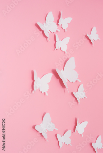 Design for wall, white butterflies on pink background, abstract, creative