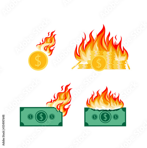 Set of money on fire inflation illustrations economic crisis