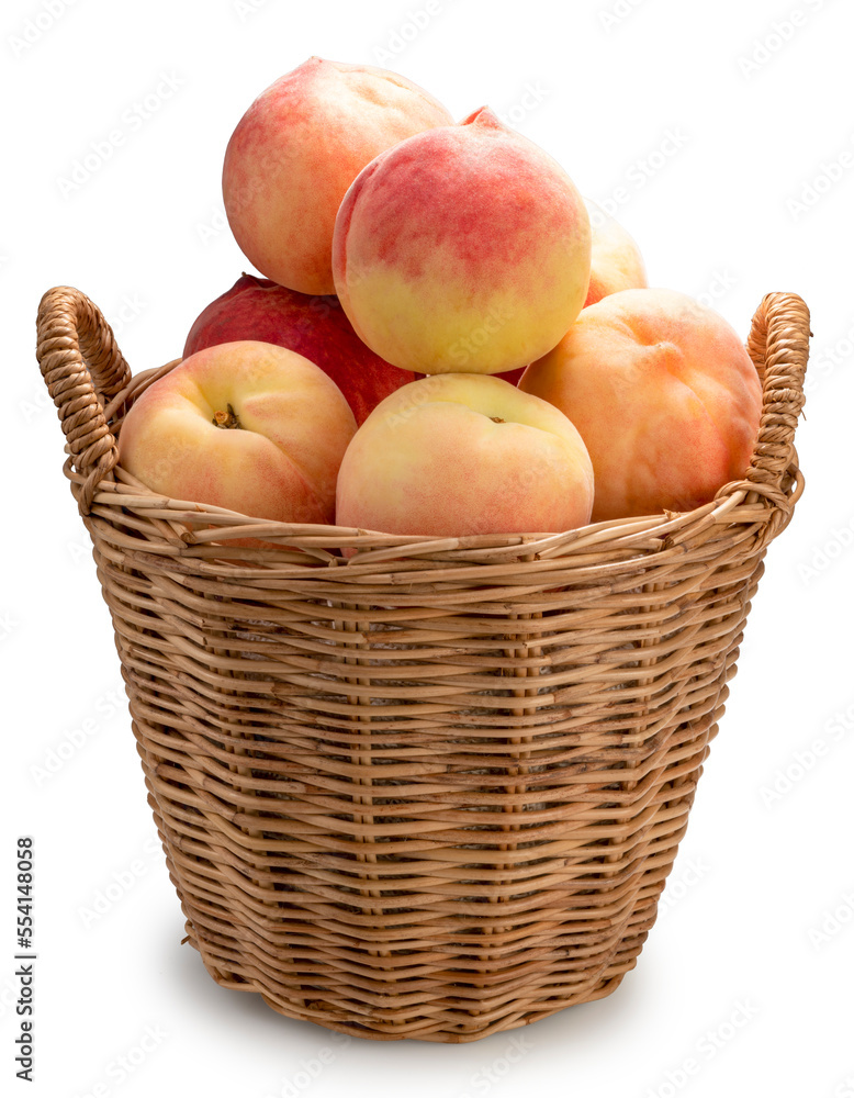 White Peach fruit in the basket isolated on white background, White Peach fruit on white With clipping path. White Peach fruit in the basket isolated on white background, White Peach fruit on white With clipping path.