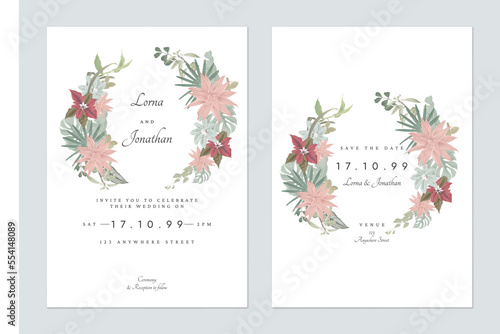 Floral wedding invitation card template design, various plants wreath on white