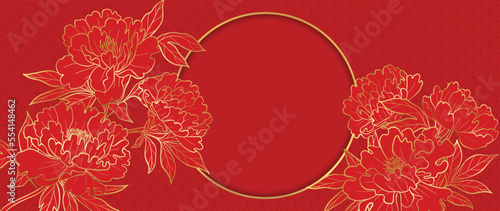 Happy Chinese new year luxury style pattern background vector. Peony flower golden line art and circle frame on red background. Design illustration for wallpaper, card, poster, packaging, advertising.
