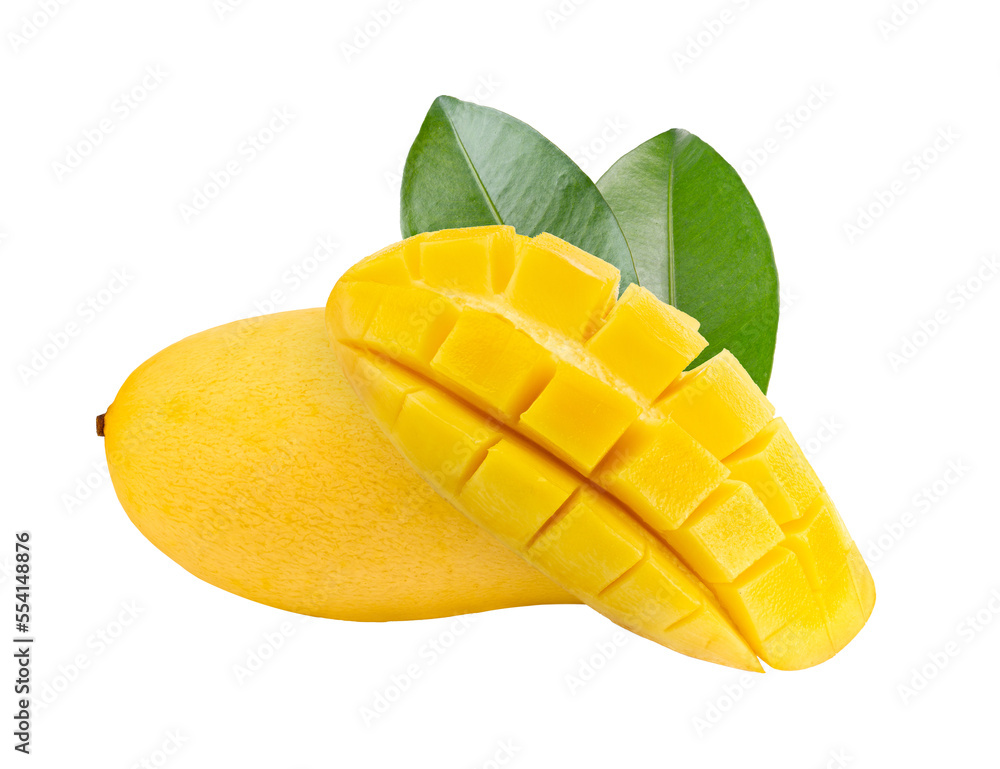 Fototapeta premium yellow mango with leaf isolated on transparent png