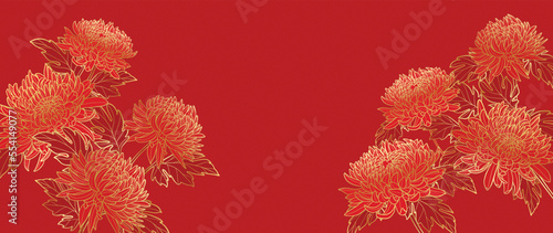 Happy Chinese new year luxury style pattern background vector. Mums flower golden line art on chinese pattern red background. Design illustration for wallpaper, card, poster, packaging, advertising.