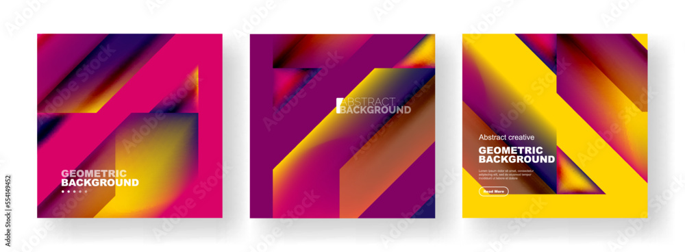 Vector set of abstract geometric poster backgrounds, colorful shapes with fluid colors. Collection of covers, templates, flyers, placards, brochures, banners