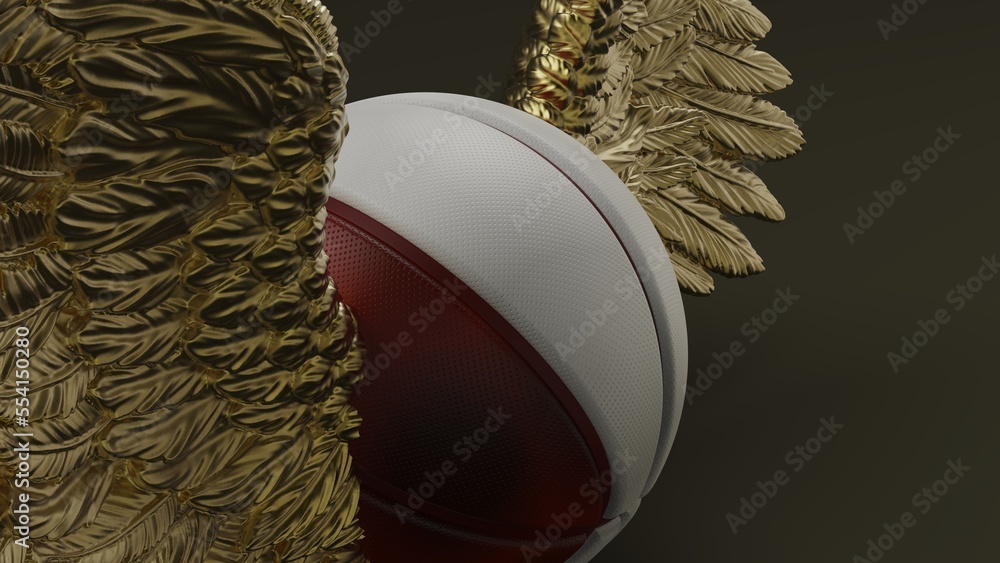 Fototapeta premium Brown-white basketball with the metallic gold wings under white-brown lighting background. 3D illustration. 3D high quality rendering.