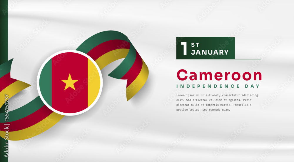Obraz premium Banner illustration of Cameroon independence day celebration with text space. Waving flag and hands clenched. Vector illustration.