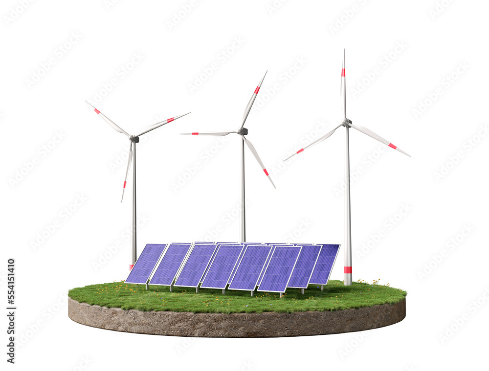 concept of solar panel energy and 3d land and wind turbine background. photovoltaic solar panel energy. 3d render illustration. photovoltaic, solar panel