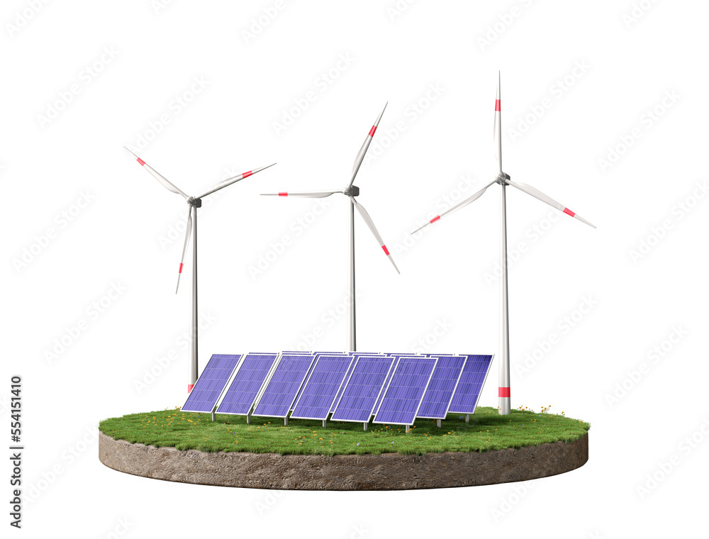 concept of solar panel energy and 3d land and wind turbine background ...