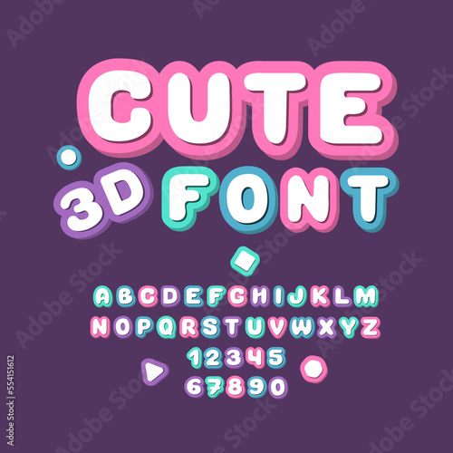 Cute 3d font. Kids volume alphabet. Playful funny english letters and numbers from 0 to 9.