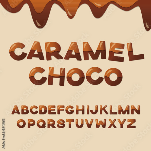 Caramel chocolate alphabet. Glossy english letters decorated with melted chocolate and caramel border.