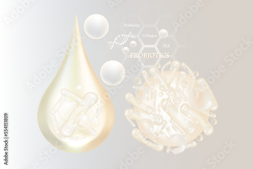 Probiotic and Hyaluronic acid skin solutions ad, white collagen, and vitamin serum drops with cosmetic advertising background ready to use illustration vector.	