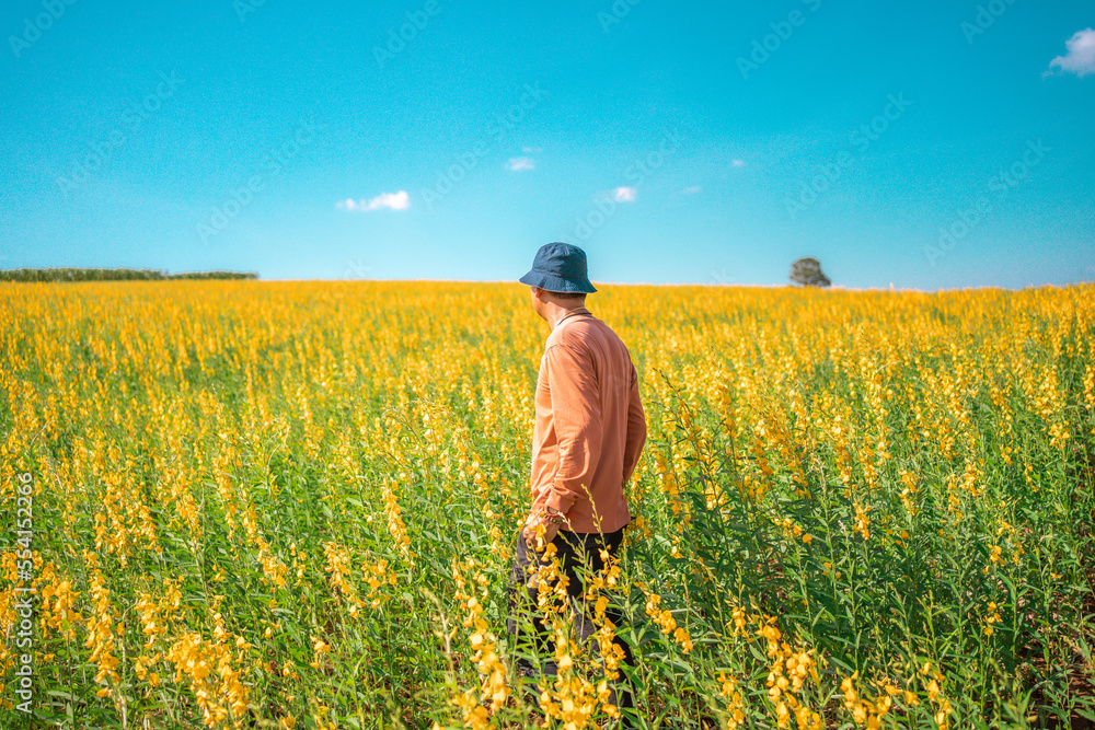 Portrait Asian man standing looking goal  in jute field. Yellow flower field at spring.