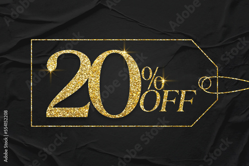 20 percent off gold glitter text with black paper texture background banner. Discount offer or sale tag for 20 percent off