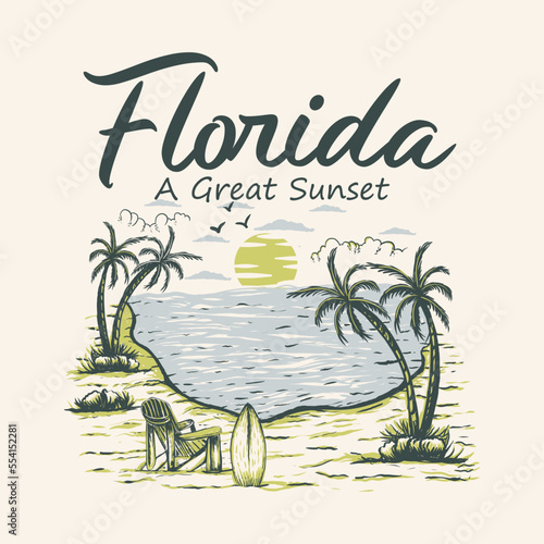 Florida Beach Sunset, Surf And Beach , A Great Sunset Beach Vintage Hand Drawing Illustration T Shirt Logo Vector