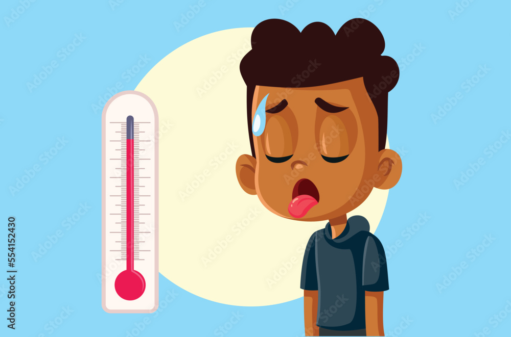 Overwhelmed Boy Feeling Hot Next to a Thermometer Vector Illustration