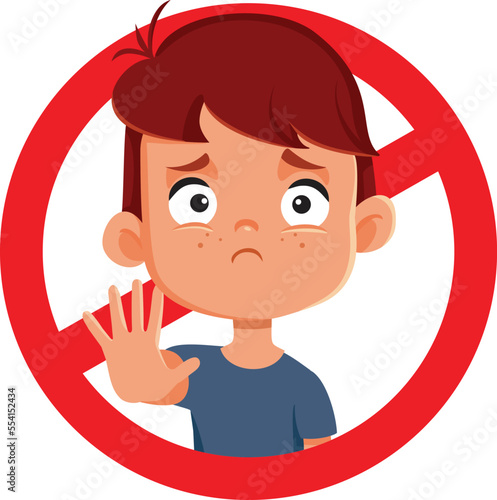Sad Boy Making Stop Gesture in Forbidden Sign Vector Cartoon Illustration. Pictogram of a child indication prohibited behavior with nonverbal communication
