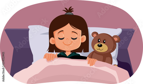 Happy Toddler Sleeping Independently Next to Her Favorite Toy. Carefree girl resting and relaxing in the comfort of her own home
