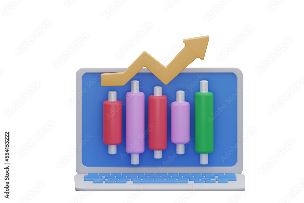 Trading and Invest app on laptop. 3d rendering Trading and Invest app on laptop. 3d rendering