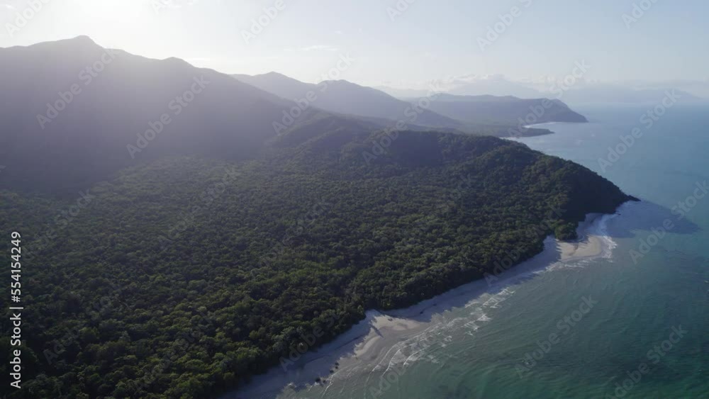 Sunrise Over Green Mountains Of Daintree National  Park, Cape Tribulation, QLD Australia. Aerial Drone Shot