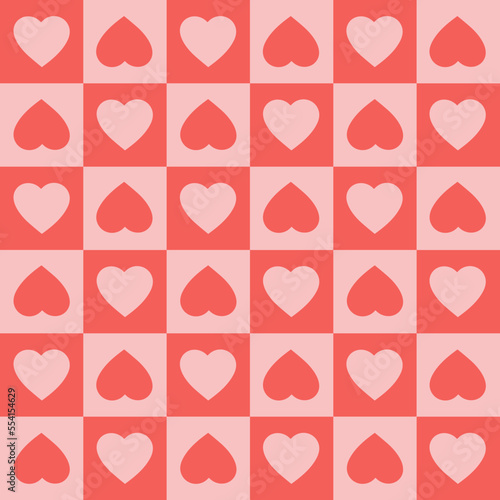 Monochrome seamless pattern with hearts on a checkered background. Modern retro illustration for decoration. Aesthetic vector print in style 60s, 70s. 