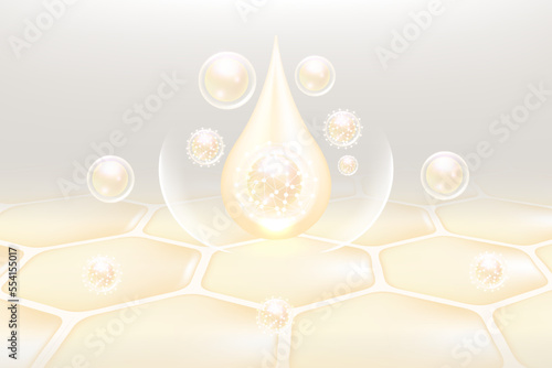 Hyaluronic acid hair and skin solutions ad, white collagen serum drop into skin cells with cosmetic advertising background ready to use, illustration vector.