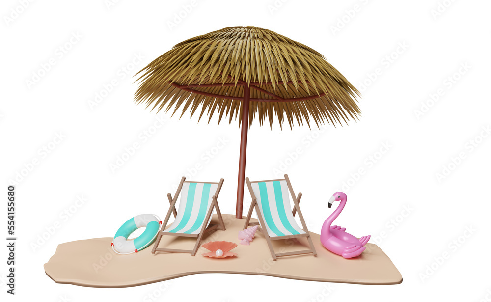 Fototapeta premium summer travel with beach chair, palm leaf, umbrella, lifebuoy, Inflatable flamingo isolated. shopping summer sale concept, 3d illustration or 3d render
