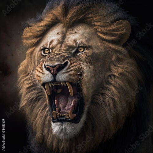 A magnificent lion roars.