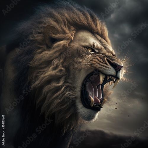 A magnificent lion roars.