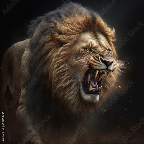 A magnificent lion roars.