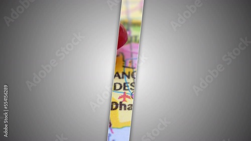 A Elegant Slide Animation of Push Pin Pointing Geographic Area Bangla Desh on World Map 