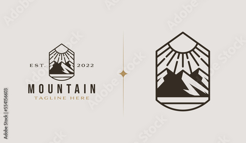 Mountain and Sun Rays, Mount Peak Hill Nature Landscape view for Adventure Outdoor logo template
