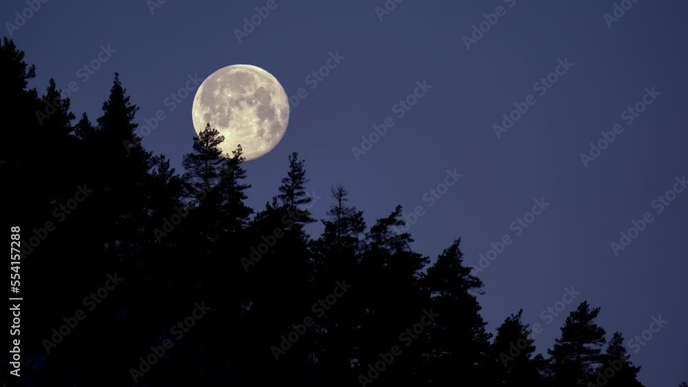Timelapse of full moon moving through clear night sky behind mountain tree line. Timelapse of full moon moving through clear night sky behind mountain tree line.