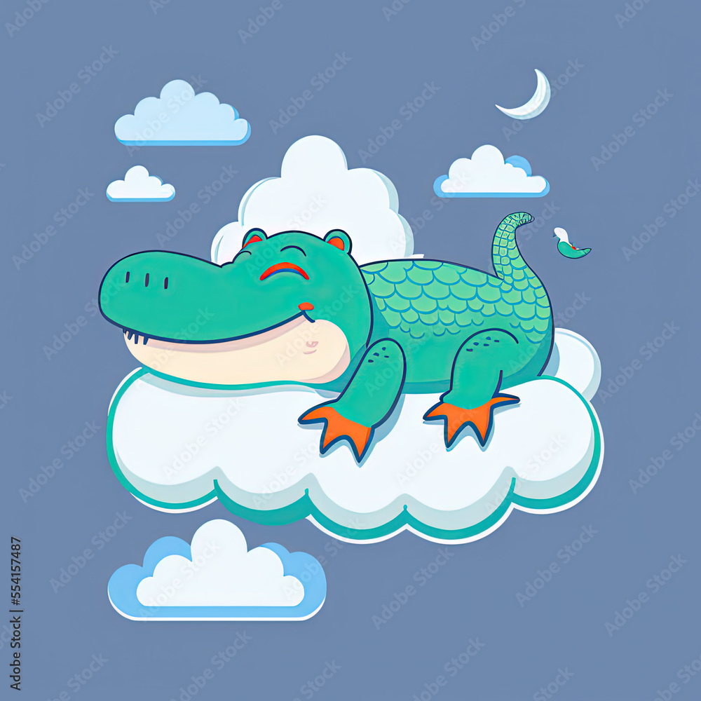 Fototapeta premium Cute Crocodile Sleep on a Cloud. KAWAII Stylish Comic Stamp. Flat Minimalist Design Art. For UI, WEB, Novel, Game, AD, Poster