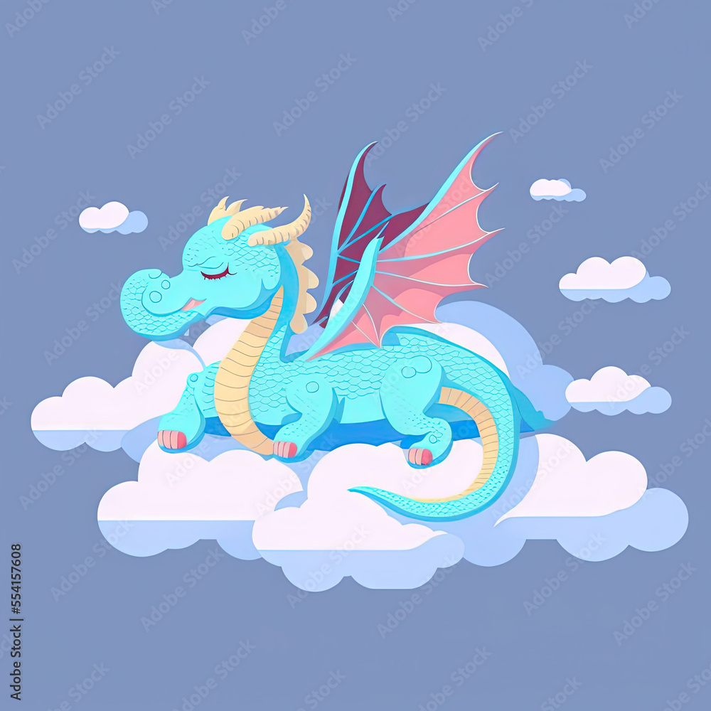 Cute Dragon Sleep on a Cloud. KAWAII Stylish Comic Stamp. Flat Minimalist Design Art. For UI, WEB, Novel, Game, AD, Poster Cute Dragon Sleep on a Cloud. KAWAII Stylish Comic Stamp. Flat Minimalist Design Art. For UI, WEB, Novel, Game, AD, Poster