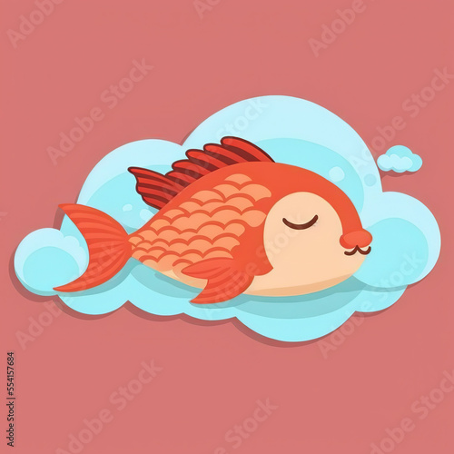 Cute Fish Sleep on a Cloud. KAWAII Stylish Comic Stamp. Flat Minimalist Design Art. For UI, WEB, Novel, Game, AD, Poster