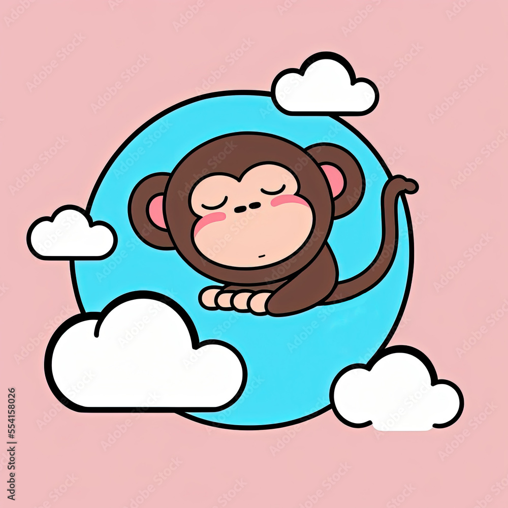Cute Monkey Sleep on a Cloud. KAWAII Stylish Comic Stamp. Flat Minimalist Design Art. For UI, WEB, Novel, Game, AD, Poster Cute Monkey Sleep on a Cloud. KAWAII Stylish Comic Stamp. Flat Minimalist Design Art. For UI, WEB, Novel, Game, AD, Poster