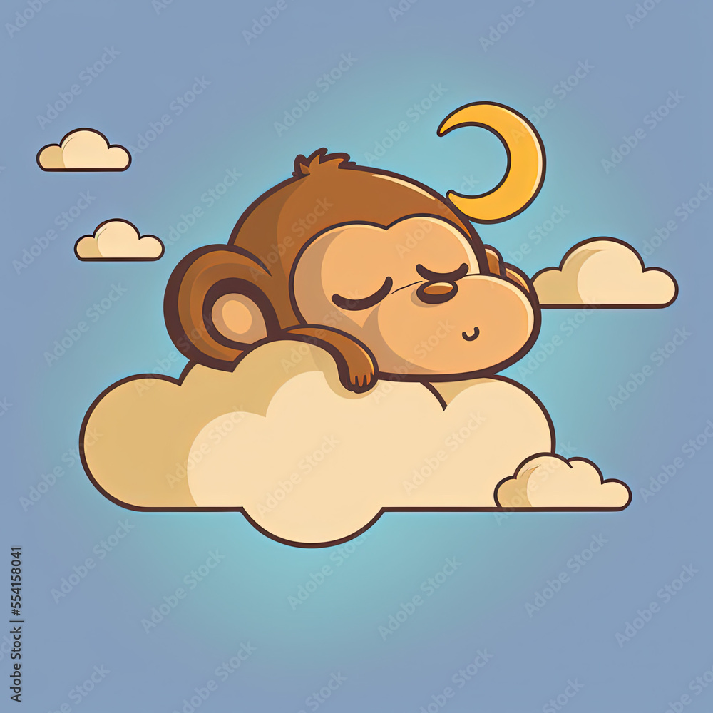 Cute Monkey Sleep on a Cloud. KAWAII Stylish Comic Stamp. Flat Minimalist Design Art. For UI, WEB, Novel, Game, AD, Poster Cute Monkey Sleep on a Cloud. KAWAII Stylish Comic Stamp. Flat Minimalist Design Art. For UI, WEB, Novel, Game, AD, Poster