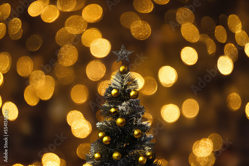 CHRISTMAS DECORATION ON CHRISTMAS BRANNCH WITH BOKEH LIGHTS BACKGROUND
