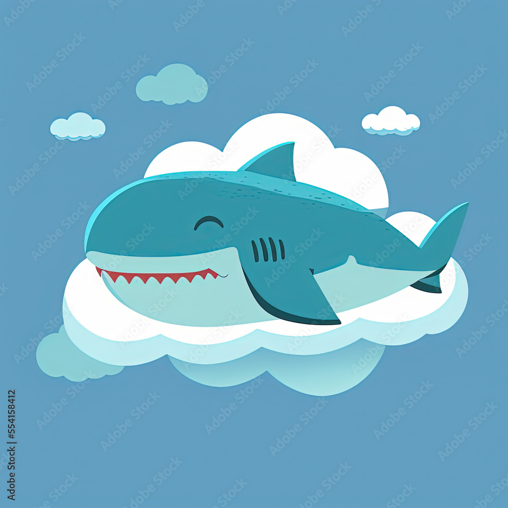 Obraz premium Cute Shark Sleep on a Cloud. KAWAII Stylish Comic Stamp. Flat Minimalist Design Art. For UI, WEB, Novel, Game, AD, Poster