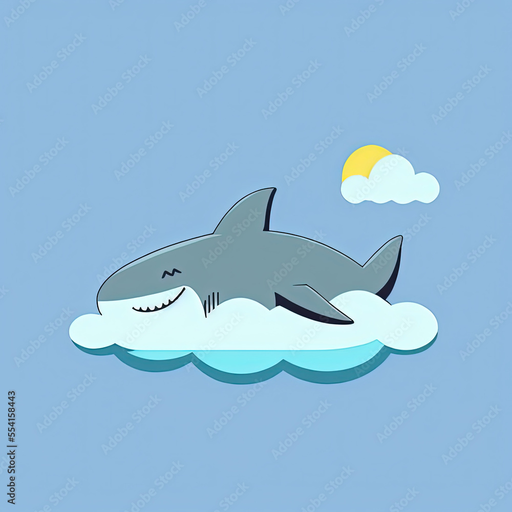 Obraz premium Cute Shark Sleep on a Cloud. KAWAII Stylish Comic Stamp. Flat Minimalist Design Art