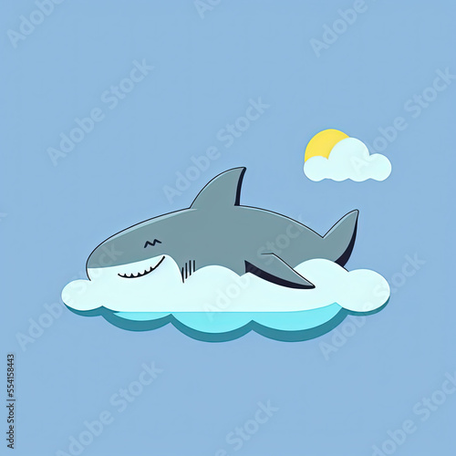 Cute Shark Sleep on a Cloud. KAWAII Stylish Comic Stamp. Flat Minimalist Design Art