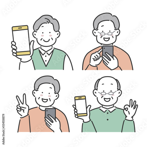 スマホを操作するシニア男性のセット