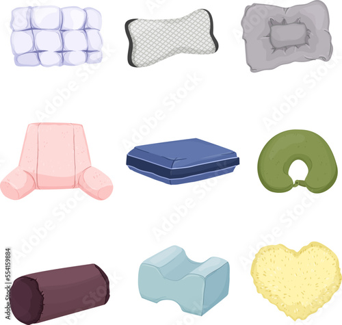 pillow bed white, cushion soft sleep, beedroom comfort, fabric cotton cartoon icons set vector illustrations