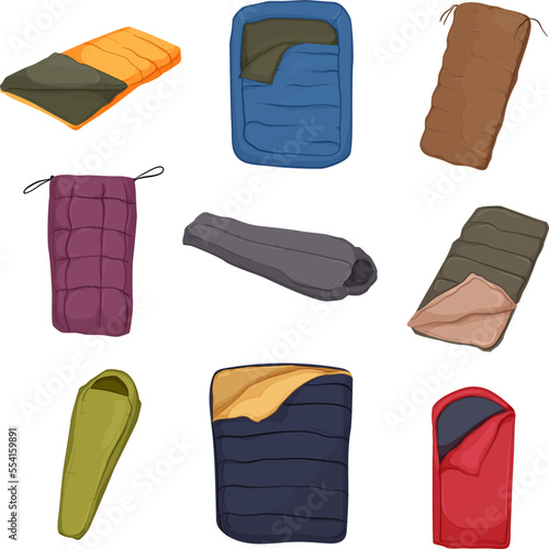 bag sleeping, outdoor equipment, camp sleep, camping adventure, travel tent, summer mat cartoon icons set vector illustrations