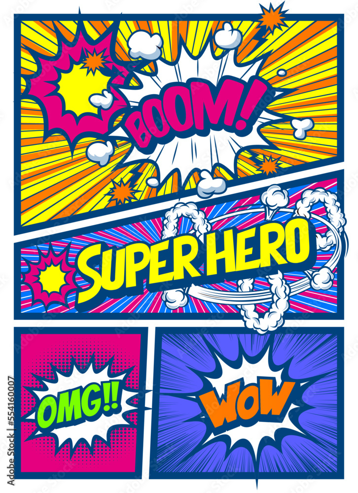 Fototapeta premium アメコミ風コマ割り素材 Retro pop art comics book magazine, speech bubble, balloon, box message , Super Hero.