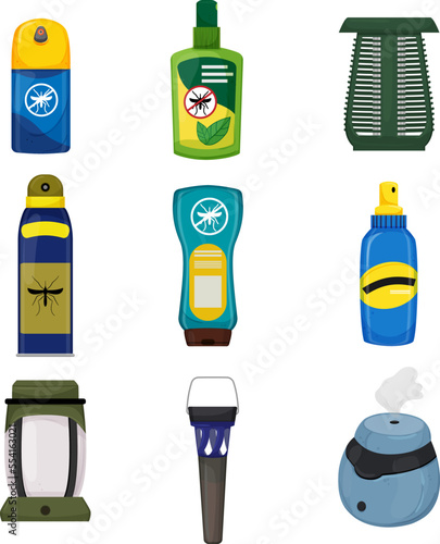 bug spray, mosquito insect, insecticide repellent, protection aerosol, malaria fly cartoon icons set vector illustrations