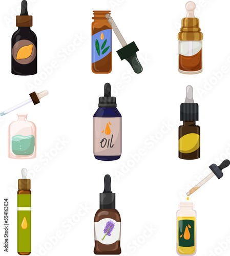 fragrance oil essential bottle, aromatherapy cosmetic, glass essence, beauty drop cartoon icons set vector illustrations