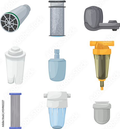 water filter filtration system, home purification, clean tap, glass drink, kitchen tank cartoon icons set vector illustrations