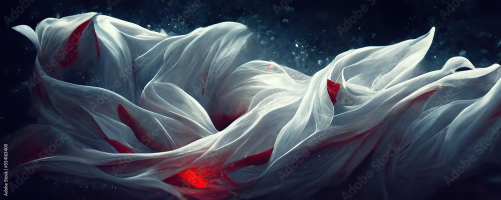 Gauzy white abstract flowing fabric with red accents, generative AI - obrazy, fototapety, plakaty 