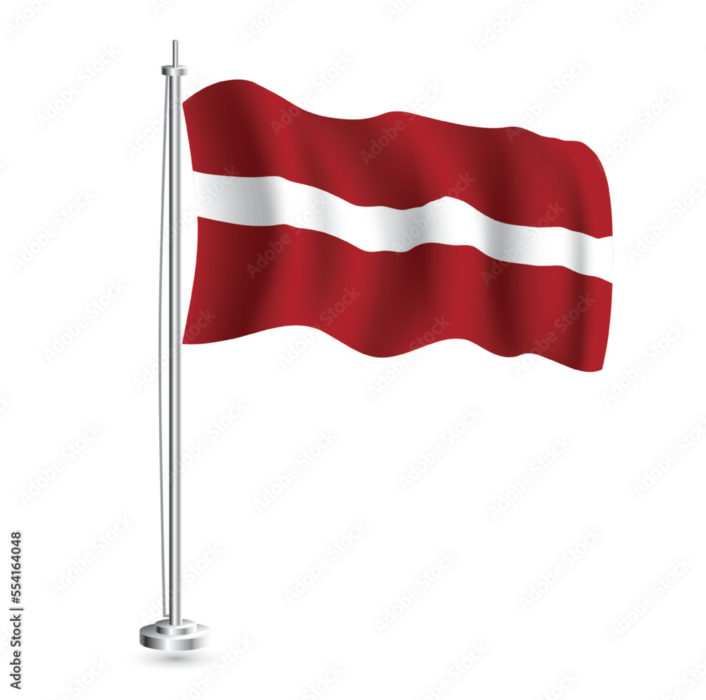 Latvian Flag. Isolated Realistic Wave Flag of Latvia Country on Flagpole. Latvian Flag. Isolated Realistic Wave Flag of Latvia Country on Flagpole.